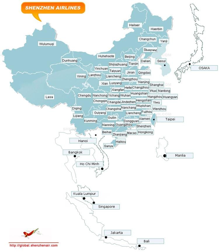 kaart Shenzhen airlines lennuliini